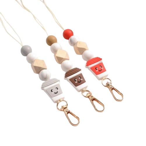 Hemasa Cute Teacher Coffee Lover Cup Tea Silicone Bead Lanyard Fueled By Charm Badge ID holder Handmade Keychain Lanyard Gift for her