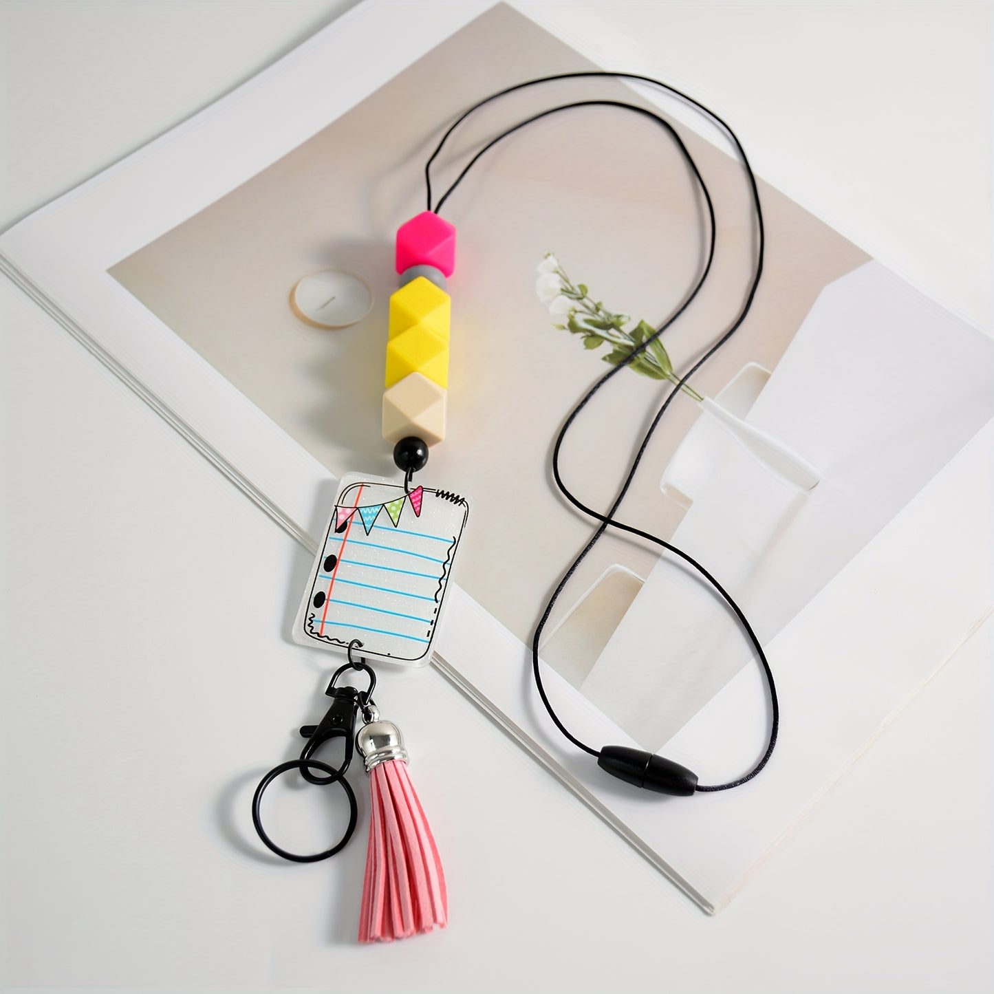 Hemasa Silicone Beaded Lanyard Keychain with Tassel Pendant for Teachers  /Bohemian Acrylic Colorful Badge Holder