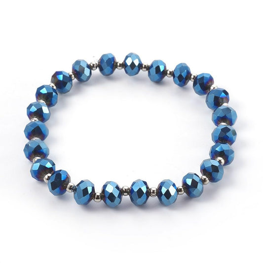 Blue cloured Electroplate Glass Stretch Bead with Brass Spacer Beads Bracelet