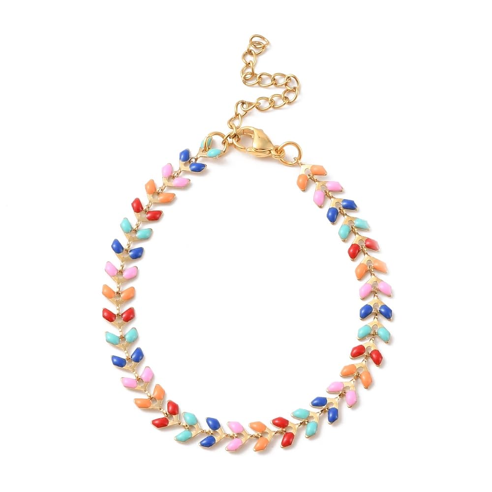 Hemasa Leaf Shaped Enamel Link Chains Brass Bracelet Multi Colour