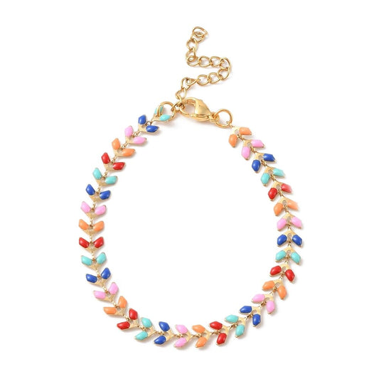 Hemasa Leaf Shaped Enamel Link Chains Brass Bracelet Multi Colour