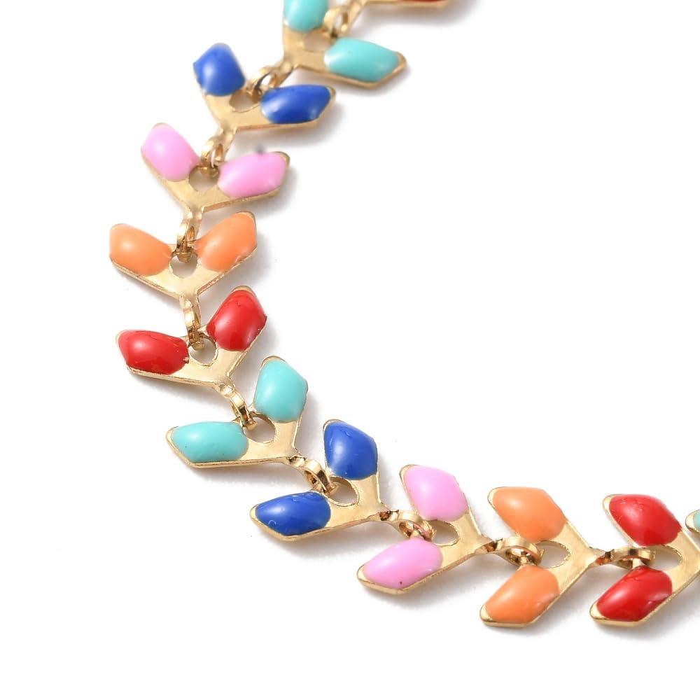 Hemasa Leaf Shaped Enamel Link Chains Brass Bracelet Multi Colour