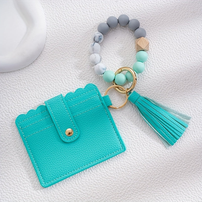Men's Silicone Bead Bracelet Card Holder with PU Tassel Keychain - Stylish and Convenient Accessory for Wallets and Bags, Ideal choice for Gifts