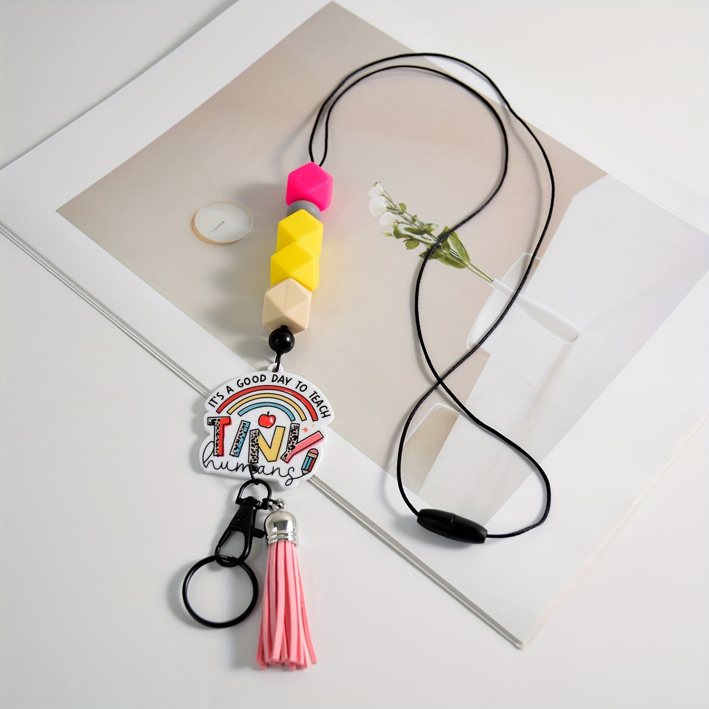Hemasa Silicone Beaded Lanyard Keychain with Tassel Pendant for Teachers  /Bohemian Acrylic Colorful Badge Holder