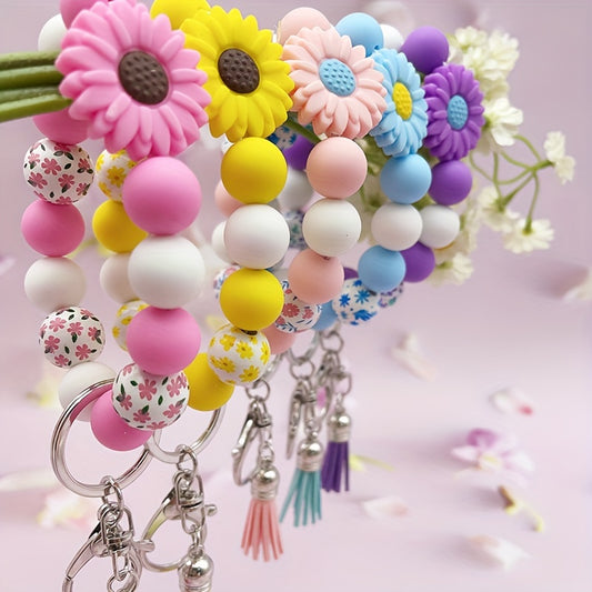 Hemasa Silicone Sunflower  Daisy,  Pastoral Printed Wooden Bead Silicone Bead Handmade Beaded Bracelet, PU Tassel Keychain, Bag Pendant Accessory, Keychain