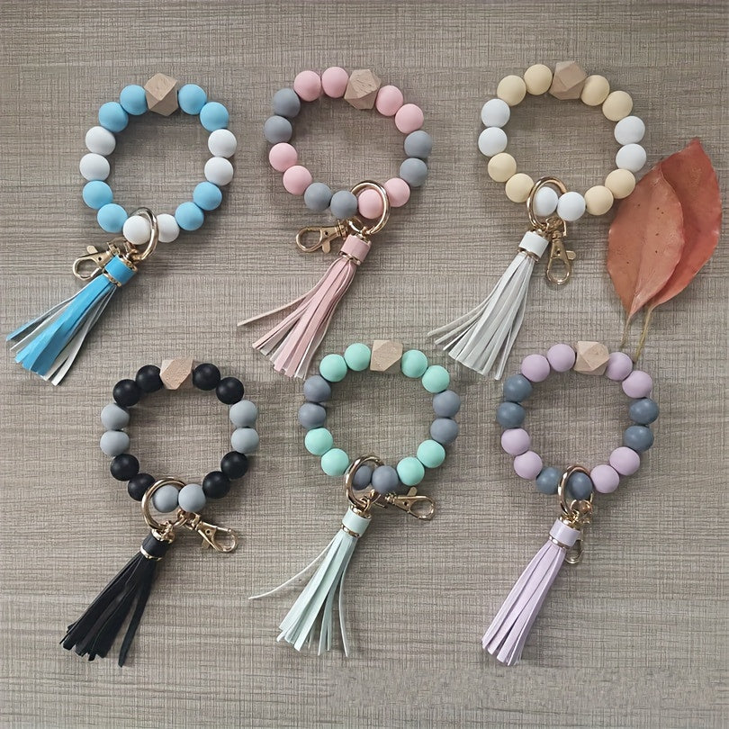 Silicone Beaded Bracelet Wristlet Keychain Color Block Bangle Key Chain Bag Charm Phone Lanyard Earbud Case Cover Accessories Women daily uses Gift