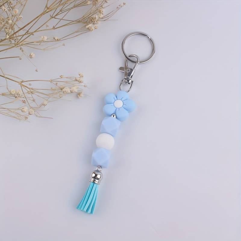 Silicone Beads with Daisy Flower  With Tassel Key Ring