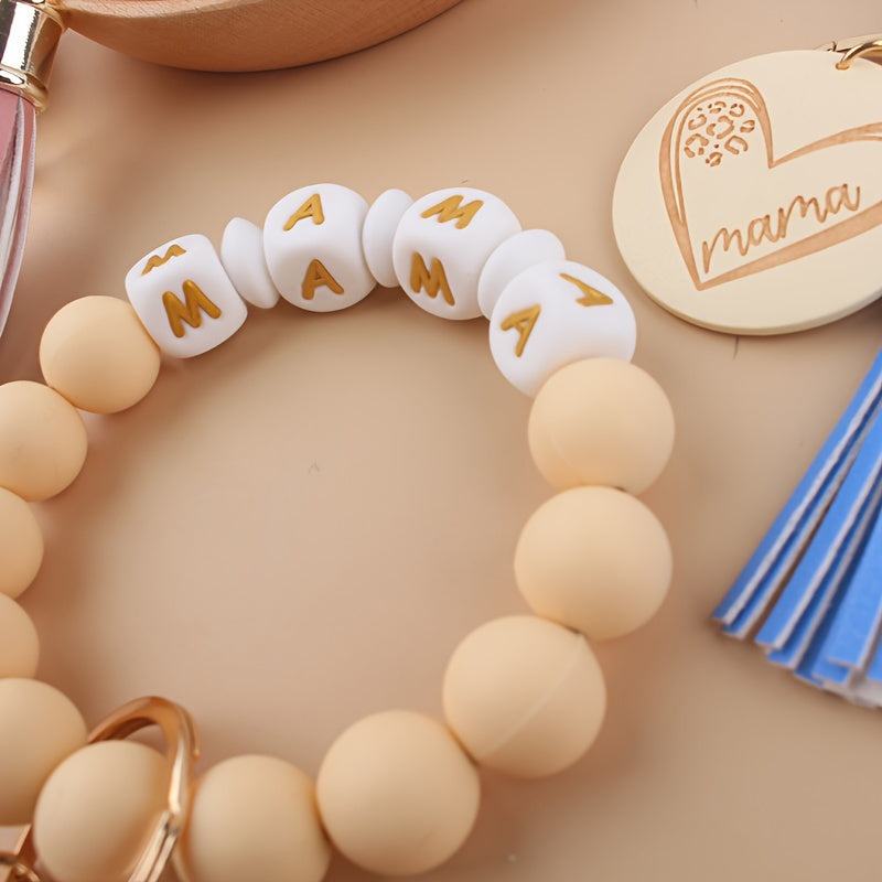 MAMA Silicone Beaded Bracelet Wristlet Keychain Cute Color Block Bag Charm Phone Lanyard Bangle Key Chain Mother's Day Women daily use Gift