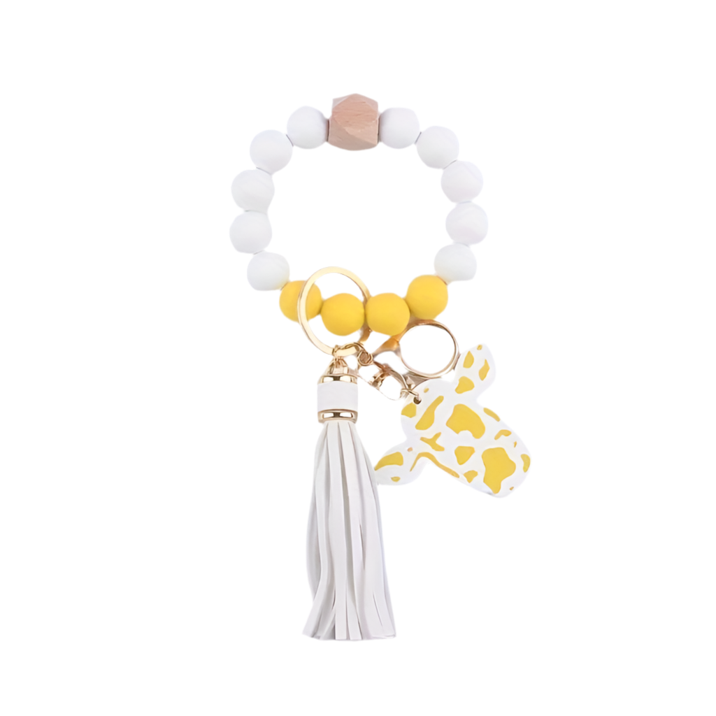 Wooden Bead Wristlet Keychains, PU Leather Tassel, Silicone Bracelet Key Ring, Fashion Accessory For Keys And Wallets