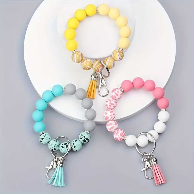 Fashionable Creative Silicone Bead Bracelet With Tassel Wooden Beads Wrist Keychain Bag Pendant Key Ring