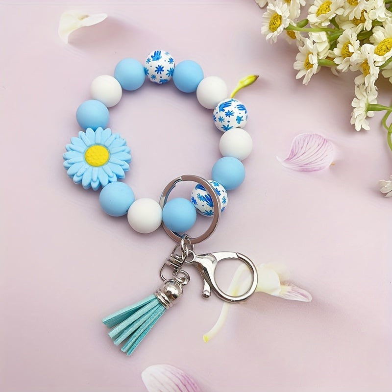 Hemasa Silicone Sunflower Daisy, Pastoral Printed Wooden Bead Silicone Bead Handmade Beaded Bracelet, PU Tassel Keychain, Bag Pendant Accessory, Keychain