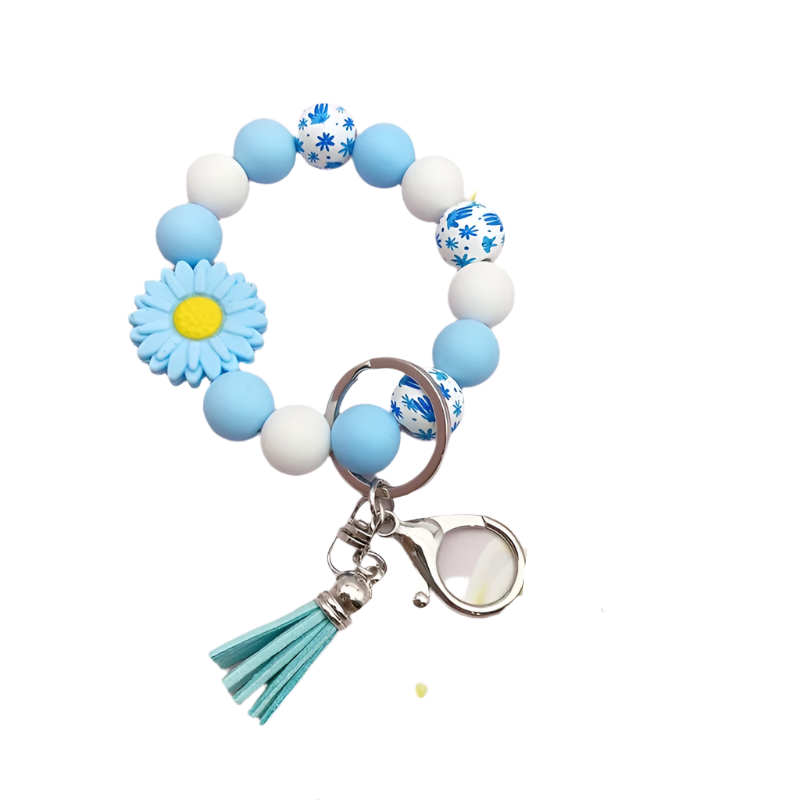 Hemasa Silicone Sunflower Daisy, Pastoral Printed Wooden Bead Silicone Bead Handmade Beaded Bracelet, PU Tassel Keychain, Bag Pendant Accessory, Keychain
