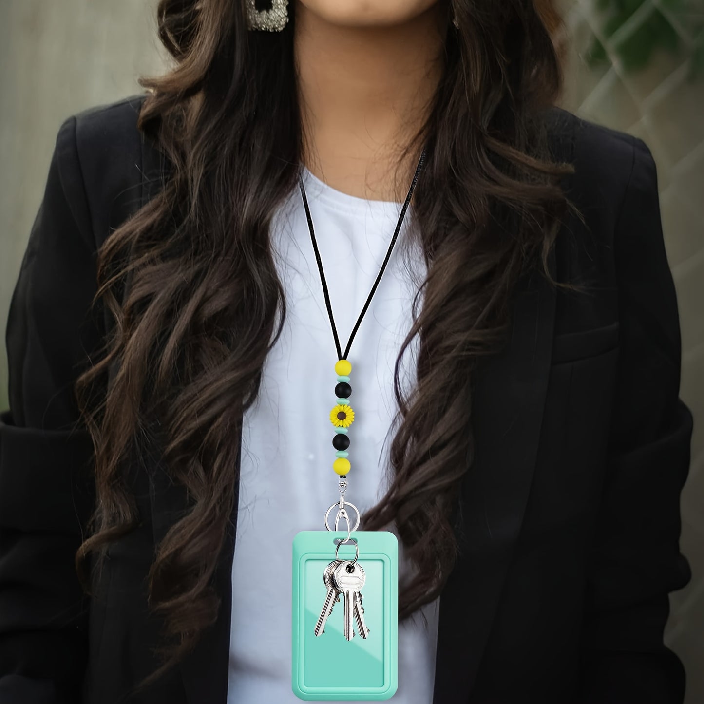 Hemasa 2pcs/set Cute Daisy Flower Silicone Beaded ID Badge Holder With Lanyard / Name Tag Holder With Clip, Detachable Lanyard Necklace For Teacher /Nurse /Students