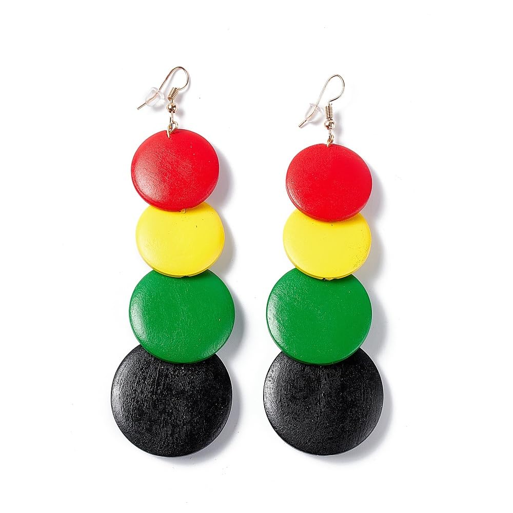 Wood Flat Round Beaded Dangle Earrings - Multi Colour
