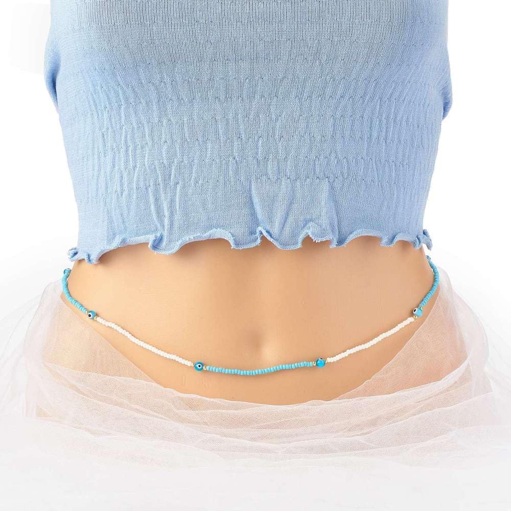 Sky Blue seed beads stretchable waist chain with Evil Eye Beads