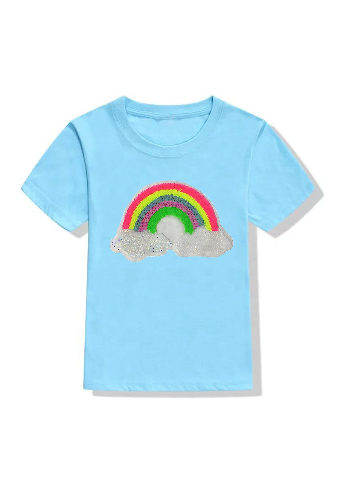 Rainbow Sequins Patch Girls Colour T Shirt (2-4 Years, Yellow)