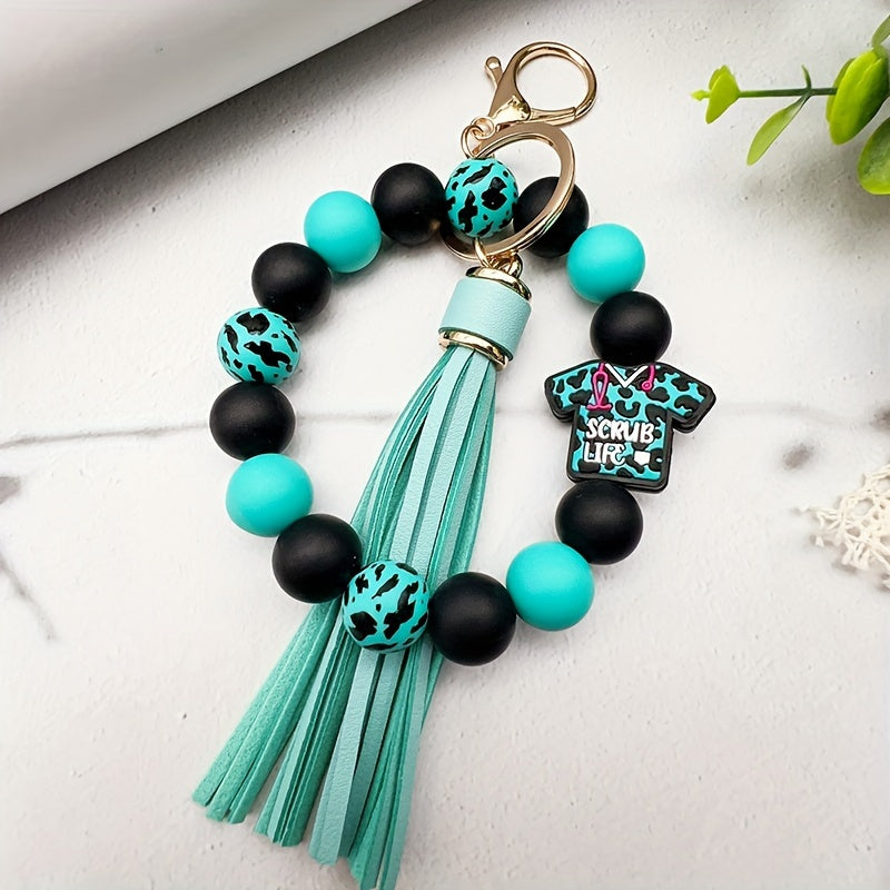 1pc Scrub Life Silicone Beaded Tassel Charm Keychain, Faux Leather Wristlet with Lobster Clasp, Round Beaded Key Ring for Women, Professional Nurse'S Day Gift, Single Piece