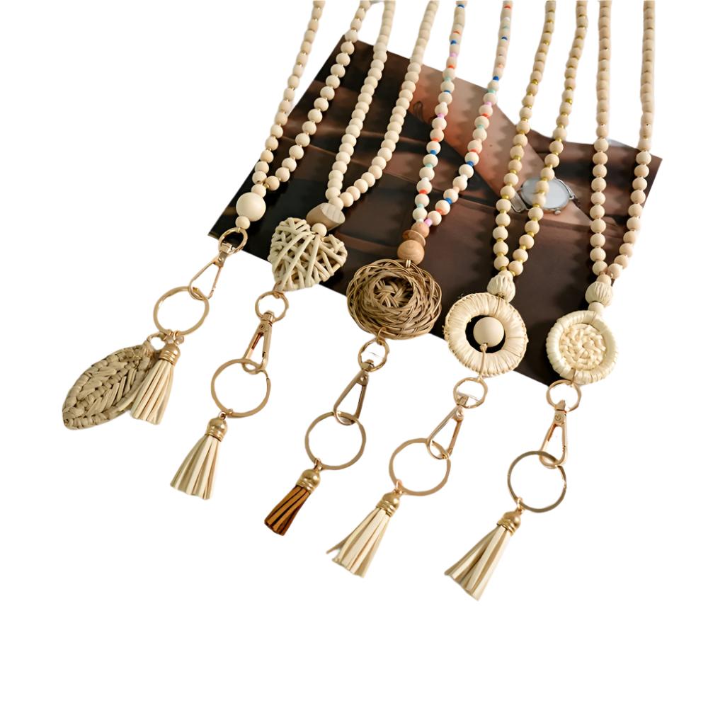 Hemasa 1pc Bohemian Crude Wood Bead Lanyard Weaved Keychain with Tassel Charm Handcrafted Teacher Key Ring Pendant Student ID Badge Holder