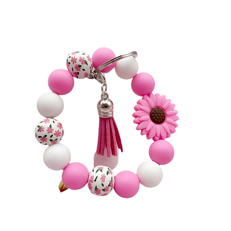 Hemasa Silicone Sunflower Daisy, Pastoral Printed Wooden Bead Silicone Bead Handmade Beaded Bracelet, PU Tassel Keychain, Bag Pendant Accessory, Keychain