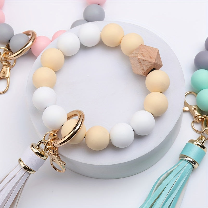 Silicone Beaded Bracelet Wristlet Keychain Boho Fashion Bag Charm Phone Lanyard Bangle Key Chain Women daily use Gift