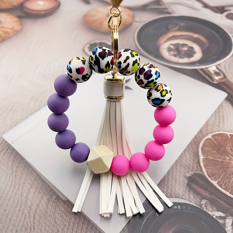 1pc Color Block Silicone Beaded Bracelet Wristlet Keychain Fashion Bag Charm Phone Lanyard Bangle Key Chain Women daily use Gift