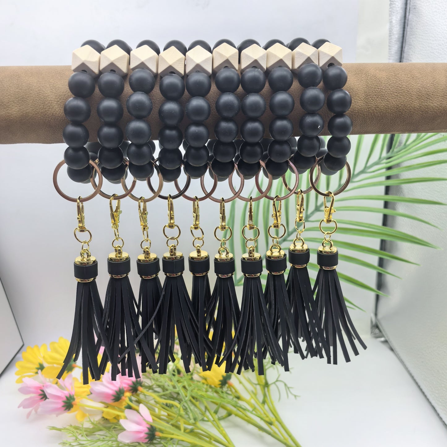 Silicone & PU Leather Tassel Keychain - Fashionable Beaded Wristlet, Decorative Keyring, Lobster Clasp Closure, Accessory for Bags & Cars, Festive New Year Gift, Single Piece