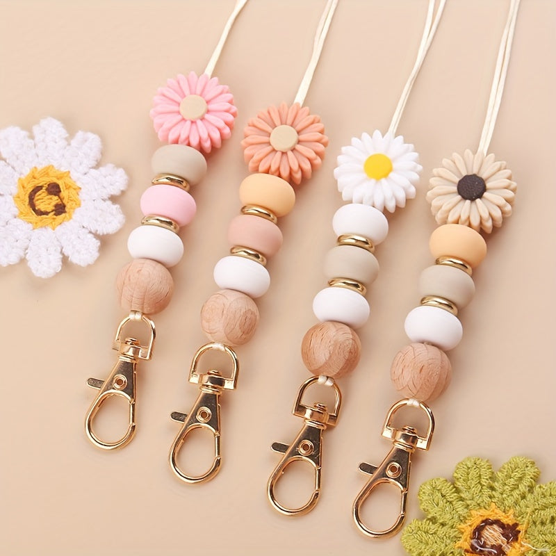 Hemasa Daisy Bead Keychain Lanyard Badge Holder, Cute Flower Silicone Key Ring with Clip for Teachers and Students - Gift Idea