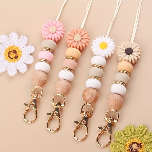 Hemasa Daisy Bead Keychain Lanyard Badge Holder, Cute Flower Silicone Key Ring with Clip for Teachers and Students - Gift Idea
