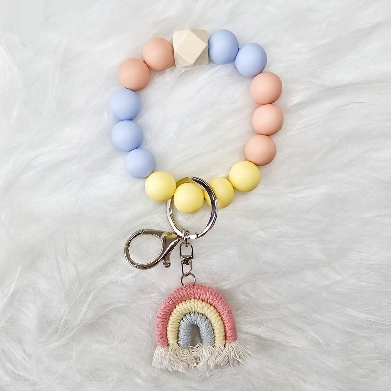 Hemasa 5pcs Silicone Beaded Keychain Set With Rainbow Tassel Charm