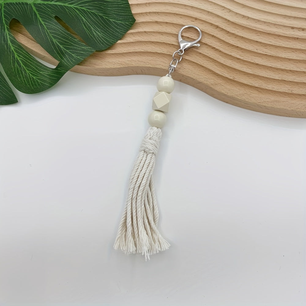 Handcrafted Cotton Tassel Keychain, Boho Chic Pastel Wooden Bead Pendant, Multicolor Bag Accessory, Rustic Charm For Purses & Clothing