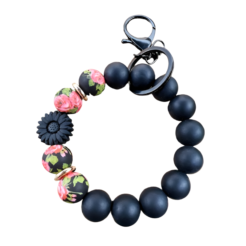 Hemasa Silicone Beaded Keychain with Floral and Daisy Prints Key Ring with Lobster Clasp / Ladies Wristlet Key Holder for Mom & Teacher