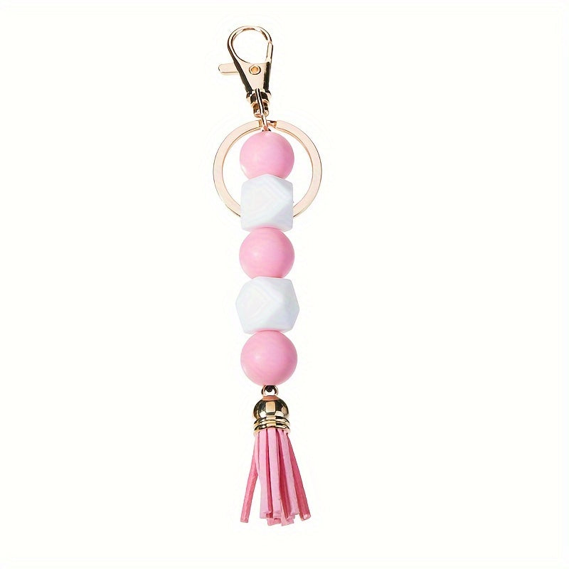 6pcs Valentine'S Day Gift Set: Silicone Beaded Keychain With Pu Tassel & Lobster Clasp - Fashionable Bag Charm For Women