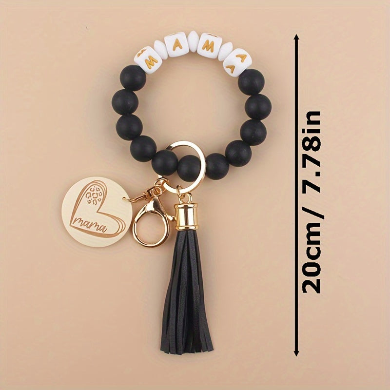 MAMA Silicone Beaded Bracelet Wristlet Keychain Cute Color Block Bag Charm Phone Lanyard Bangle Key Chain Mother's Day Women daily use Gift