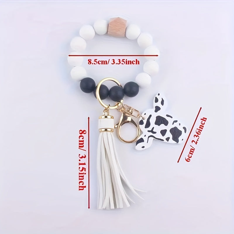 Wooden Bead Wristlet Keychains, PU Leather Tassel, Silicone Bracelet Key Ring, Fashion Accessory For Keys And Wallets
