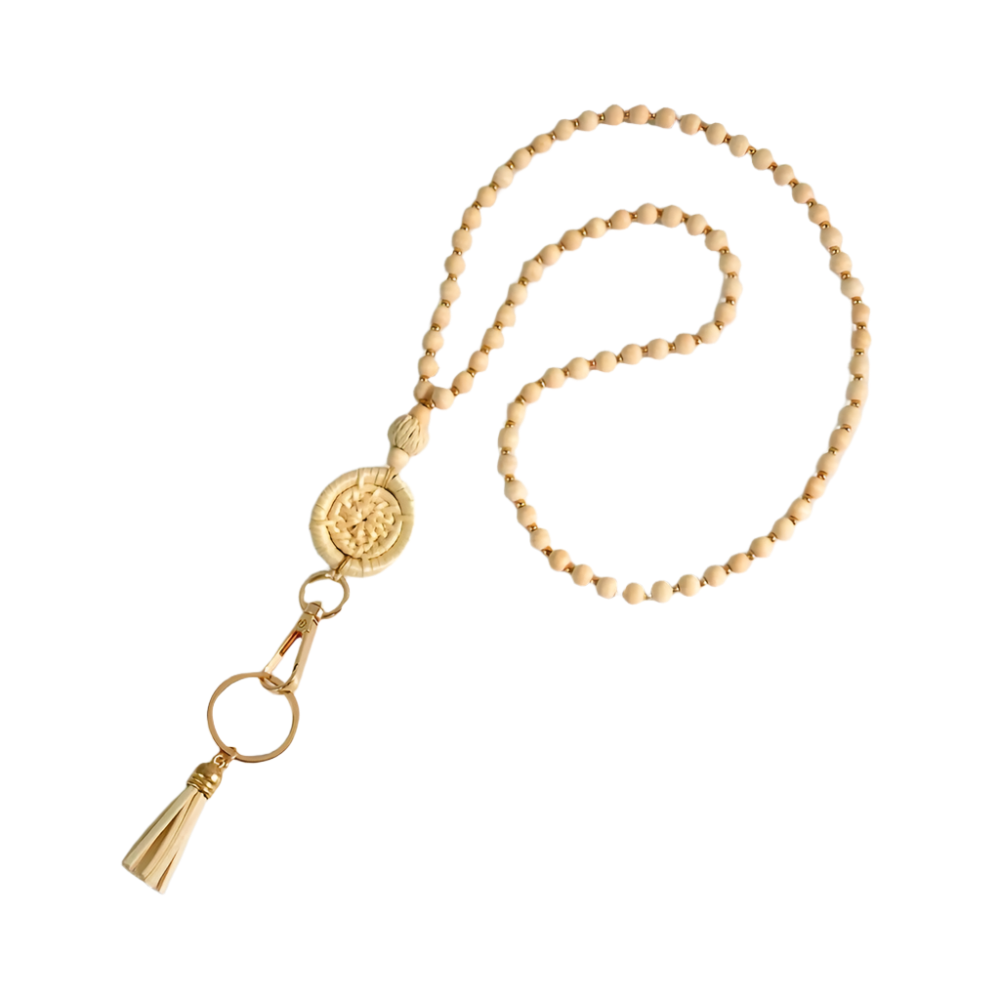 Hemasa 1pc Bohemian Crude Wood Bead Lanyard Weaved Keychain with Tassel Charm Handcrafted Teacher Key Ring Pendant Student ID Badge Holder