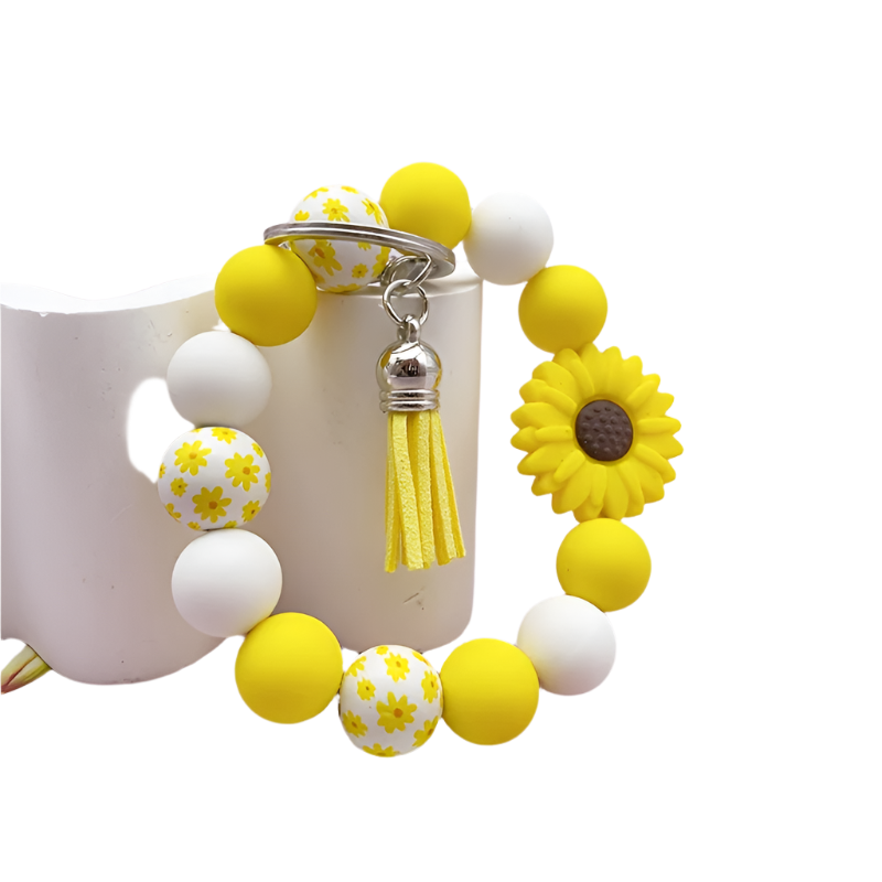 Hemasa Silicone Sunflower Daisy, Pastoral Printed Wooden Bead Silicone Bead Handmade Beaded Bracelet, PU Tassel Keychain, Bag Pendant Accessory, Keychain
