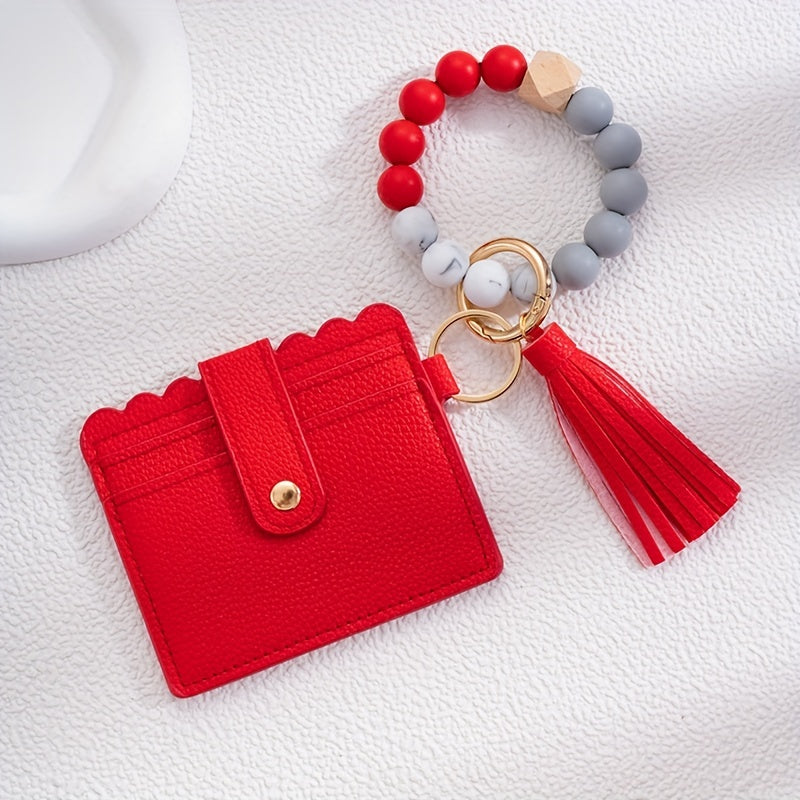 Men's Silicone Bead Bracelet Card Holder with PU Tassel Keychain - Stylish and Convenient Accessory for Wallets and Bags, Ideal choice for Gifts