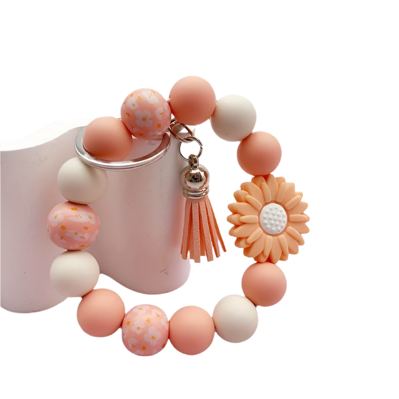 Hemasa Silicone Sunflower Daisy, Pastoral Printed Wooden Bead Silicone Bead Handmade Beaded Bracelet, PU Tassel Keychain, Bag Pendant Accessory, Keychain