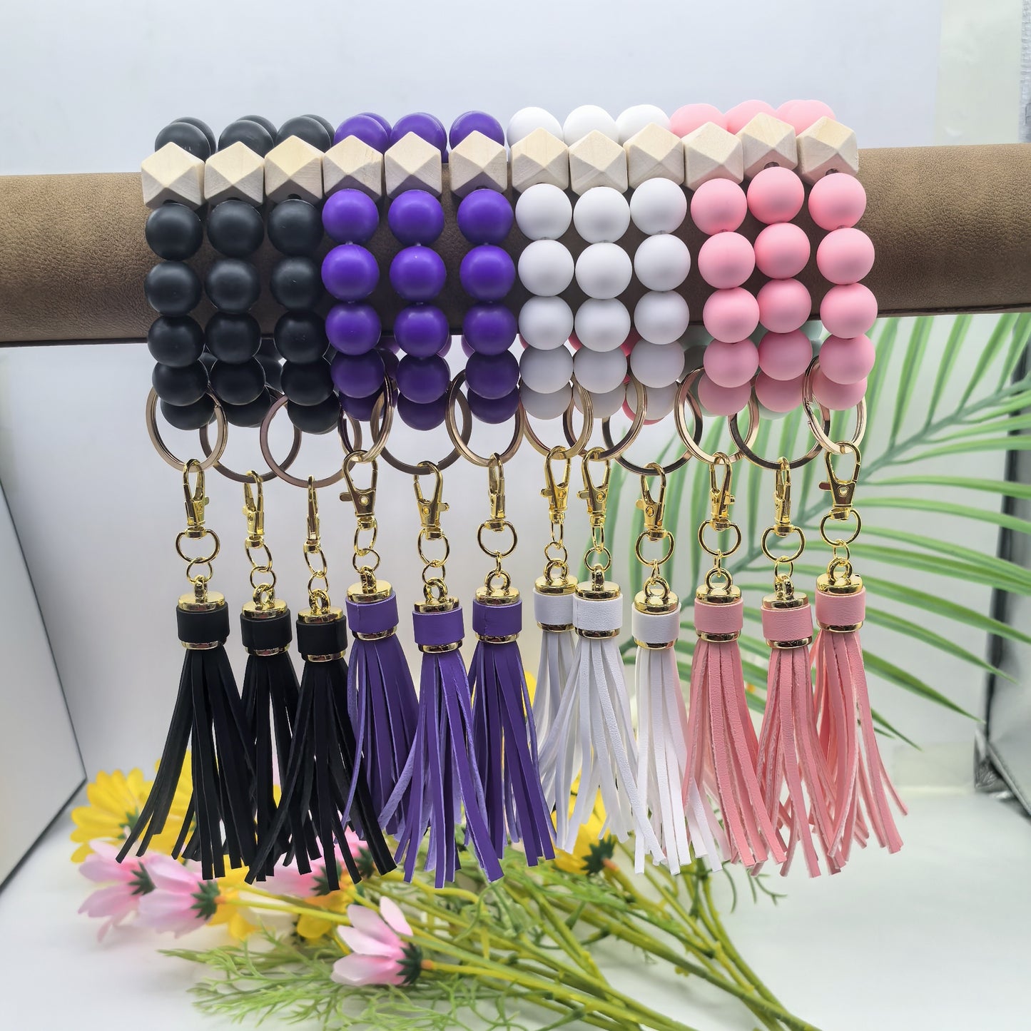 Silicone & PU Leather Tassel Keychain - Fashionable Beaded Wristlet, Decorative Keyring, Lobster Clasp Closure, Accessory for Bags & Cars, Festive New Year Gift, Single Piece