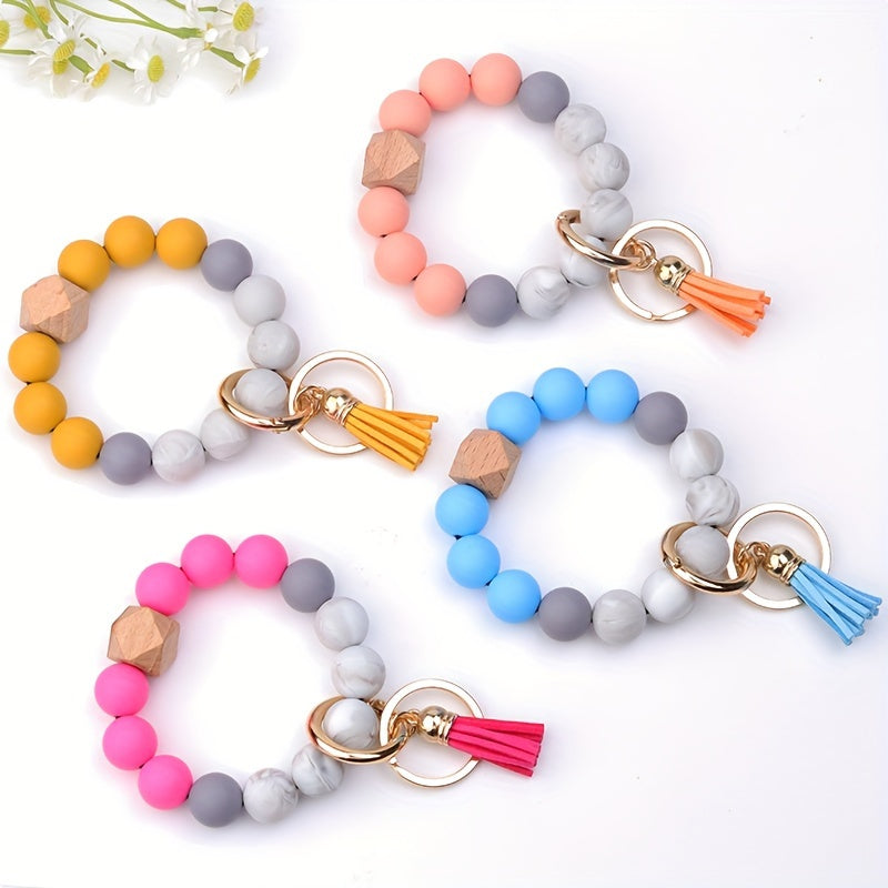 1pc, Silicone Beaded Keychain For Women Bracelet Fashion Vintage Boho Car Keychain Leather Tassel Beaded Bracelet Key Ring Bag Pendant Halloween Thanksgiving Gift Party Small Gift For Men And Women The Same Style