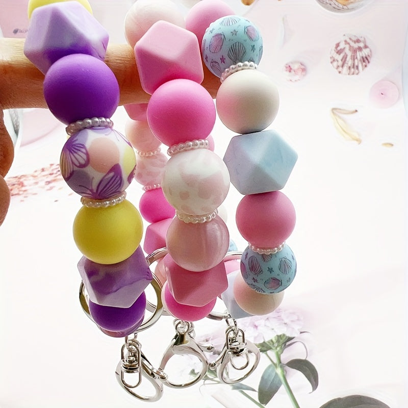 Pastel Beaded Keychain, Shell & Butterfly Pattern, Silicone & Pearl Beads, Car Key Bag Accessory, For Friends