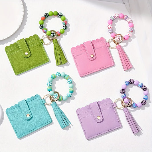 Leopard Silicone Wooden Beaded Wristlet Keychain With Wallet Credit Card Holder Bag Charm Phone Lanyard Bangle Keychain