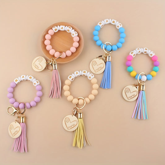 MAMA Silicone Beaded Bracelet Wristlet Keychain Cute Color Block Bag Charm Phone Lanyard Bangle Key Chain Mother's Day Women daily use Gift
