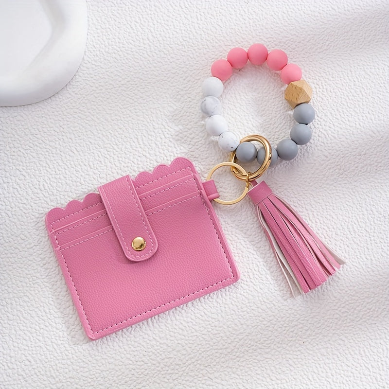 Men's Silicone Bead Bracelet Card Holder with PU Tassel Keychain - Stylish and Convenient Accessory for Wallets and Bags, Ideal choice for Gifts