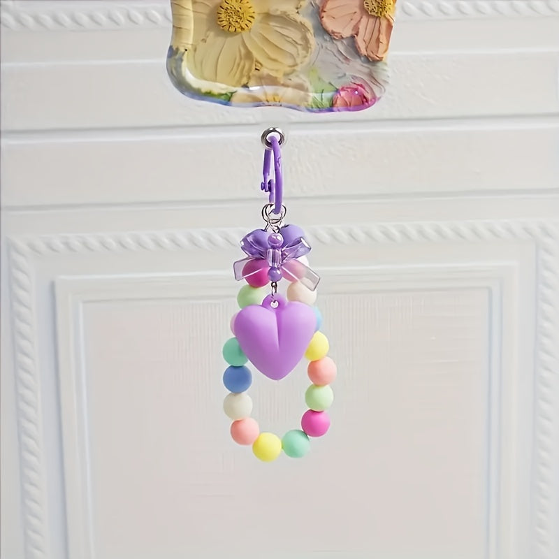 Small Fresh Bow Love Round Bead Pendant Colorful Beaded Wrist Hanging Chain Car Key Chain Accessories