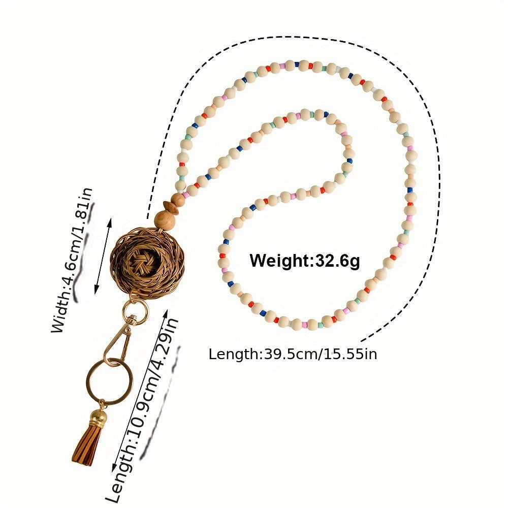 Hemasa 1pc Bohemian Crude Wood Bead Lanyard Weaved Keychain with Tassel Charm Handcrafted Teacher Key Ring Pendant Student ID Badge Holder