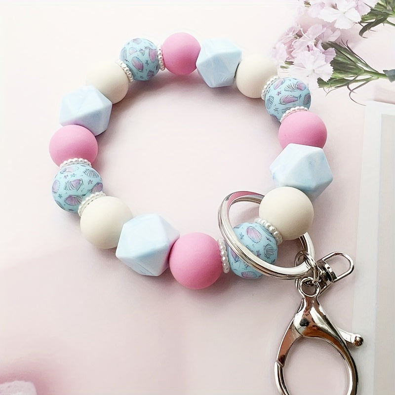 Pastel Beaded Keychain, Shell & Butterfly Pattern, Silicone & Pearl Beads, Car Key Bag Accessory, For Friends