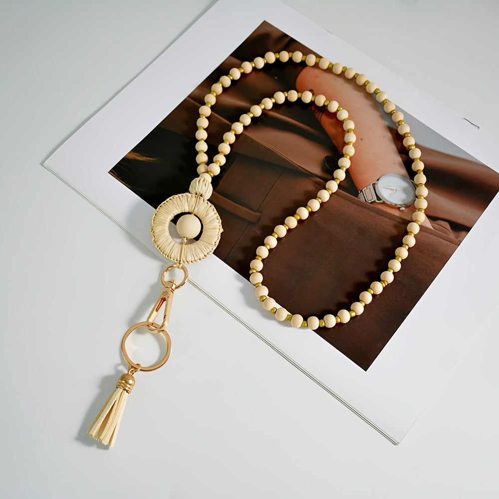 Hemasa 1pc Bohemian Crude Wood Bead Lanyard Weaved Keychain with Tassel Charm Handcrafted Teacher Key Ring Pendant Student ID Badge Holder