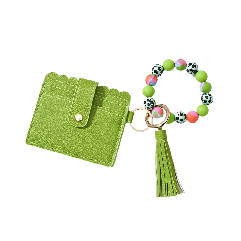 Hemasa Leopard Silicone Wooden Beaded Wristlet Keychain With Wallet /Credit Card Holder /Bag Charm Phone Lanyard