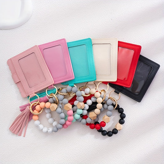 Men's Silicone Bead Bracelet Card Holder with PU Tassel Keychain - Stylish and Convenient Accessory for Wallets and Bags, Ideal choice for Gifts